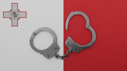 A half opened steel handcuff in center on top of the national flag of Malta