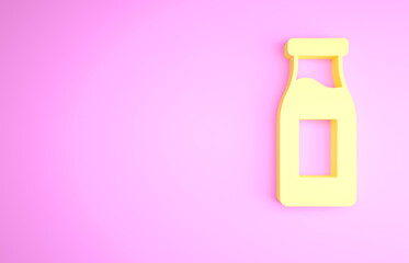 Yellow Closed glass bottle with milk icon isolated on pink background. Minimalism concept. 3d illustration 3D render