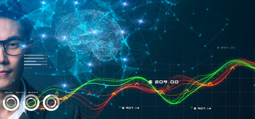 Businessman trader modern futuristic graphic graph chart. Business finance investment with big data technology concept