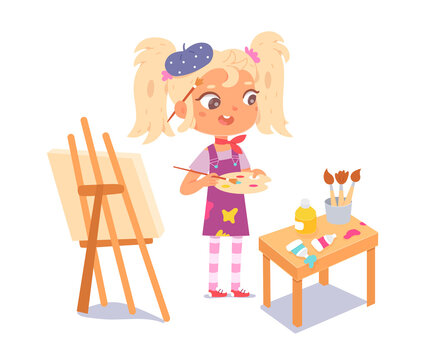 Girl artist painting. Little child drawing picture of flowers on canvas on easel with brushes, watercolours, palette vector illustration. Creating art activity isolated on white background