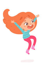 Happy birthday, girl celebrating at party. Cute child having fun vector illustration. Little kid smiling and jumping with arms up, laughing isolated on white background