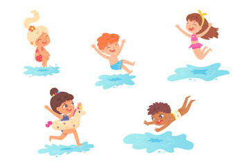 Children jumping into water on summer vacations set. Little boys and girls having fun vector illustration. Kids spending holidays in seaside or swimming pool on white background