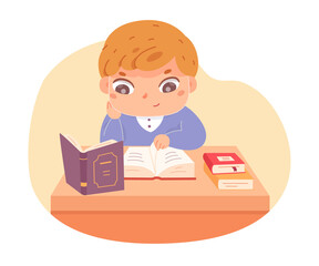 Little boy reading books in school library. Happy clever kid learning activity vector illustration. Pupil sitting at table studying on white background. Education and leisure scene