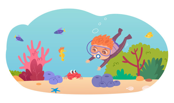 Little boy swimming underwater in sea. Child in water having fun in summer vector illustration. Happy kid in goggles diving and looking at fish and sea life, corals, animals