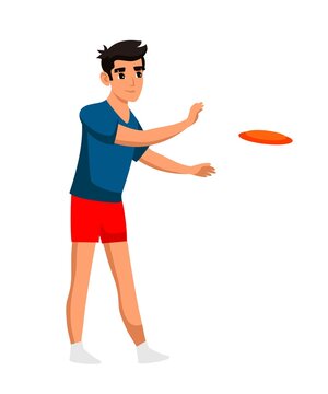Young guy playing with flying disc isolated on white background. Teenager doing summer sport, outdoor activity, recreation at vacation. Vector character illustration competition, training, leisure.