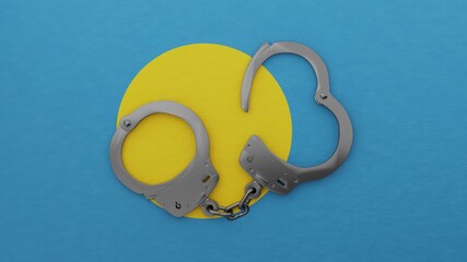 A half opened steel handcuff in center on top of the national flag of Palau
