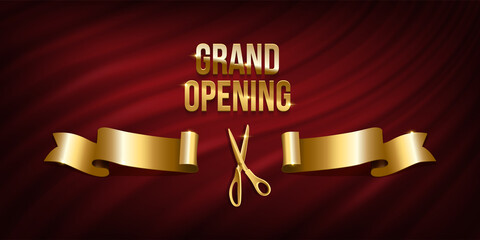 Golden scissors cut ribbon realistic illustration. Grand opening ceremony symbols, 3d accessories on red curtain background. Traditional ritual before launching new business, campaign.