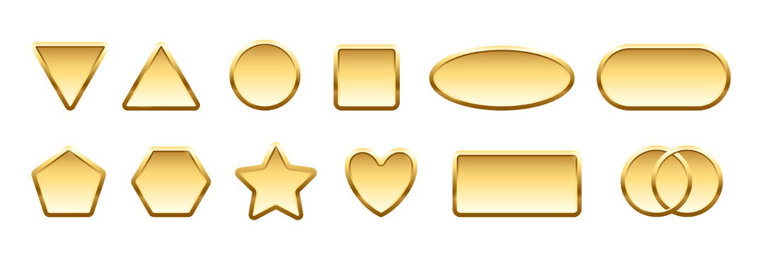 Gold badges different shapes set. Golden banners, icons, emblems design vector illustration. Glossy square, triangle, oval, heart, rectangle, star, circle signs with frames on white background