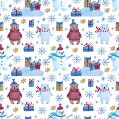 Hand drawn watercolour elements. Christmas time. Snowman and bear with Christmas gifts.