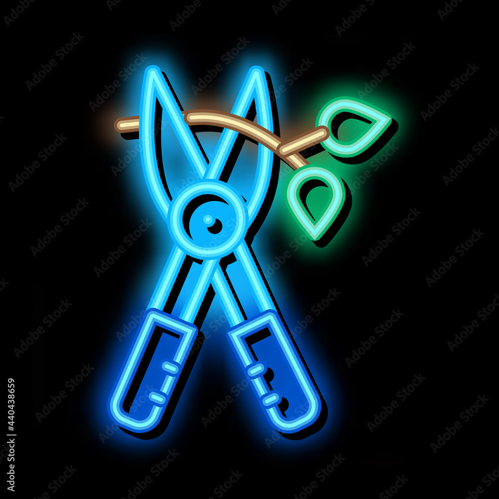 Wall mural pruning shears neon light sign vector. glowing bright icon pruning shears sign. transparent symbol i