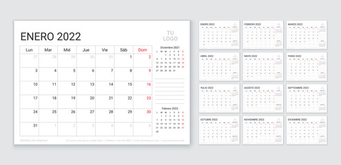 2022 Spanish calendar. Planner template. Week starts Monday. Vector. Calender layout with 12 month. Table schedule grid. Yearly stationery organizer. Horizontal monthly diary. Simple illustration.