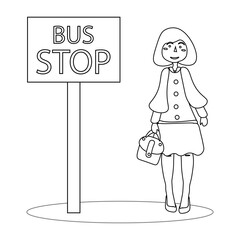 Daily Morning Life. A girl waiting for Bus go to work. Vector illustration.Great for coloring book for kids.