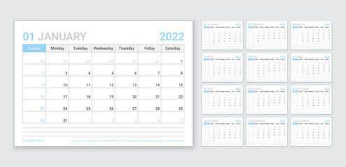 Calendar for 2022 year. Planner template. Week starts Sunday. Vector. Monthly calender organizer. Table schedule grid with 12 month. Corporate yearly diary layout. Horizontal simple illustration.