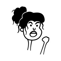 Cartoon comic black and white portrait of a woman. Funny emotional face of a girl. Anger, screaming, resentment and threats. Simple minimal illustration for printing on a t-shirt. Element, clipart