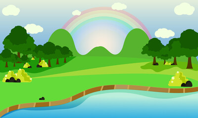 Fototapeta na wymiar Flat design spring landscape illustrated with rainbow.