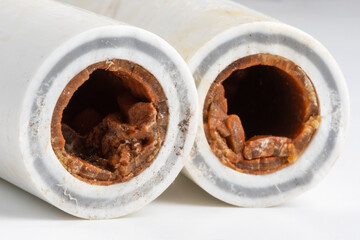 Old broken sludge plumbing polypropylene pipes with red rust and limescale. Corrosion, sludge and...
