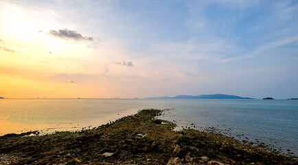 rocky coast of the sea,sunset view at bangRak beach ,koh samui ,suratthani ,thailand 