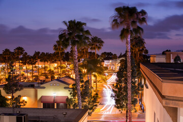 Twilight view of the downtown skyline of Brea, California, USA.