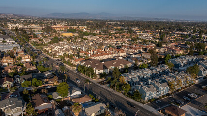 Sunset aerial view of the downtown urban core of Brea, California, USA.