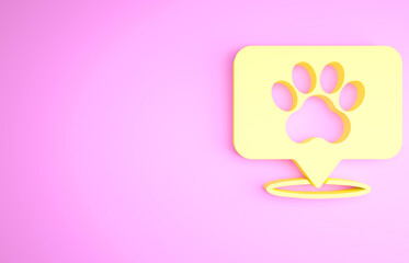 Yellow Map pointer with veterinary medicine hospital, clinic or pet shop for animals icon isolated on pink background. Veterinarian clinic. Minimalism concept. 3d illustration 3D render