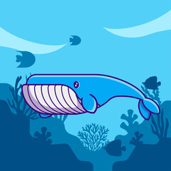 Cute Blue whale marine animal in ocean Vector Cartoon Illustrations for World Ocean Day
