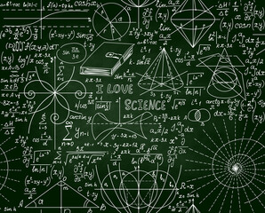 Educational school vector seamless pattern with math formulas, handwritten on the green chalkboard	
