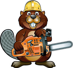 cartoon beaver wearing safety helmet and holding chainsaw © Armi1961