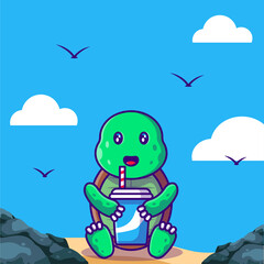Cute Turtle with Drink Vector Cartoon Illustrations for World Ocean Day