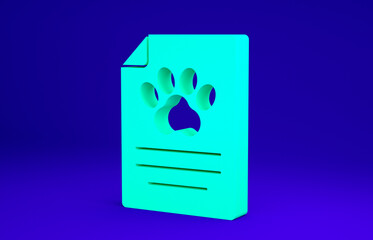 Green Clipboard with medical clinical record pet icon isolated on blue background. Health insurance form. Medical check marks report. Minimalism concept. 3d illustration 3D render