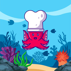 Cute Octopus with White Chef Hats in ocean Vector Cartoon Illustrations for World Ocean Day