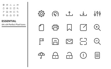 set of essential line icons 64x64px, app, web, social media