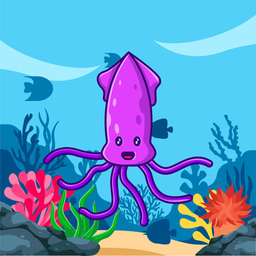 Cute Squid in ocean Vector Cartoon Illustrations for World Ocean Day