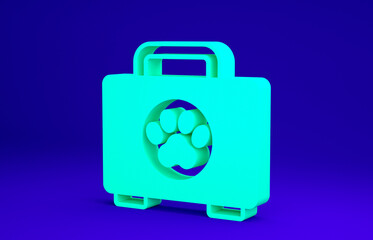 Green Pet first aid kit icon isolated on blue background. Dog or cat paw print. Clinic box. Minimalism concept. 3d illustration 3D render