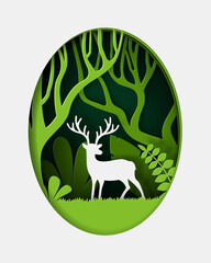 Vector and digital craft style of green eco forest with Deer.