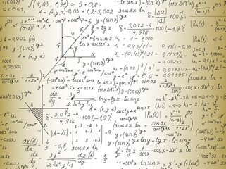 Scientific math vector seamless pattern with handwritten algebra formulas, figures and equations, old paper effect