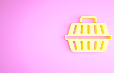 Yellow Pet carry case icon isolated on pink background. Carrier for animals, dog and cat. Container for animals. Animal transport box. Minimalism concept. 3d illustration 3D render
