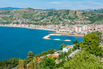 Scenic view with the Agropoli coastline on a sunny summer day. Salerno, Cilento, Campania, Italy.