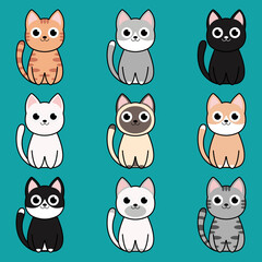 Different cartoon cat characters set, poses and emotions.