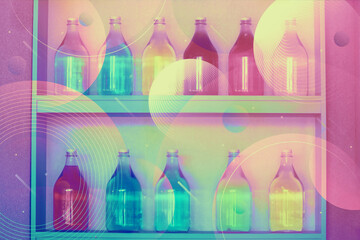Retro vintage glass bottles sitting on two shelves. Cyber holographic abstract filter. Circular...