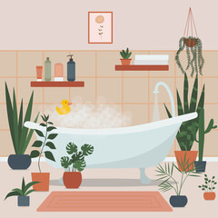 Cozy bathroom interior with bath full of foam and bath accessories, and plants growing in pots. Foamy bathtub in cozy room. Flat vector illustration.