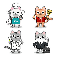 Vector illustration of cute cats in kitchener, doctor, busineesman and athlete character.