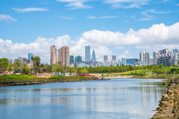 Fototapeta premium Riverside scenery of Guiwan Park, Qianhai, Shenzhen, China