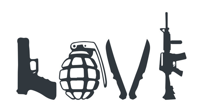 Love text with guns, grenade and knives. Design element for poster, t-shirt print, card, advertising. Gun lover design.