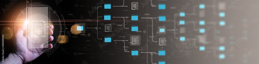 Poster Hand working with smartphone and erp and dms for documents management concepts.