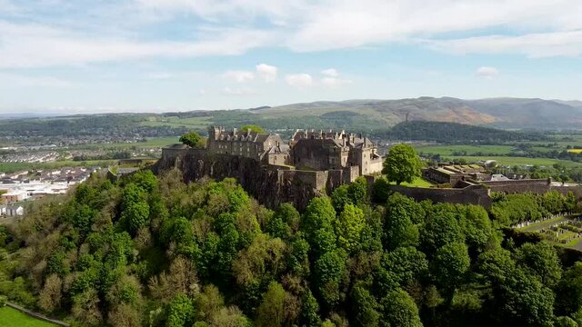 4k drone footage of Stirling Castle overlooking the city in Central Scotland, UK