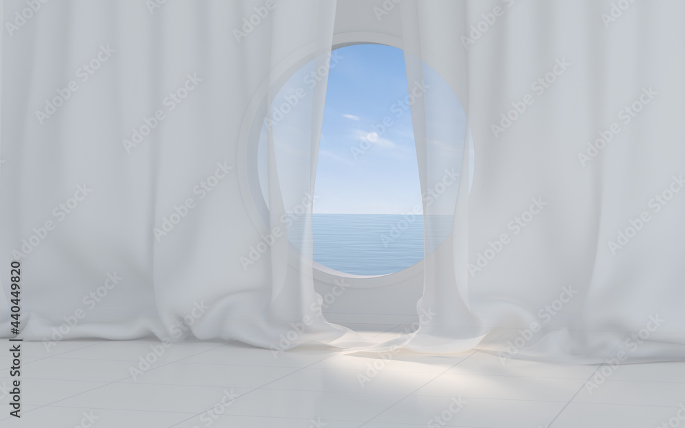 Poster empty white room with round window, 3d rendering.