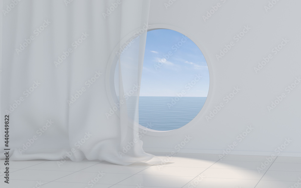 Poster empty white room with round window, 3d rendering.