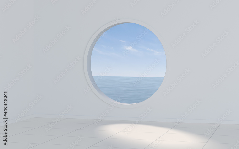 Poster empty white room with round window, 3d rendering.