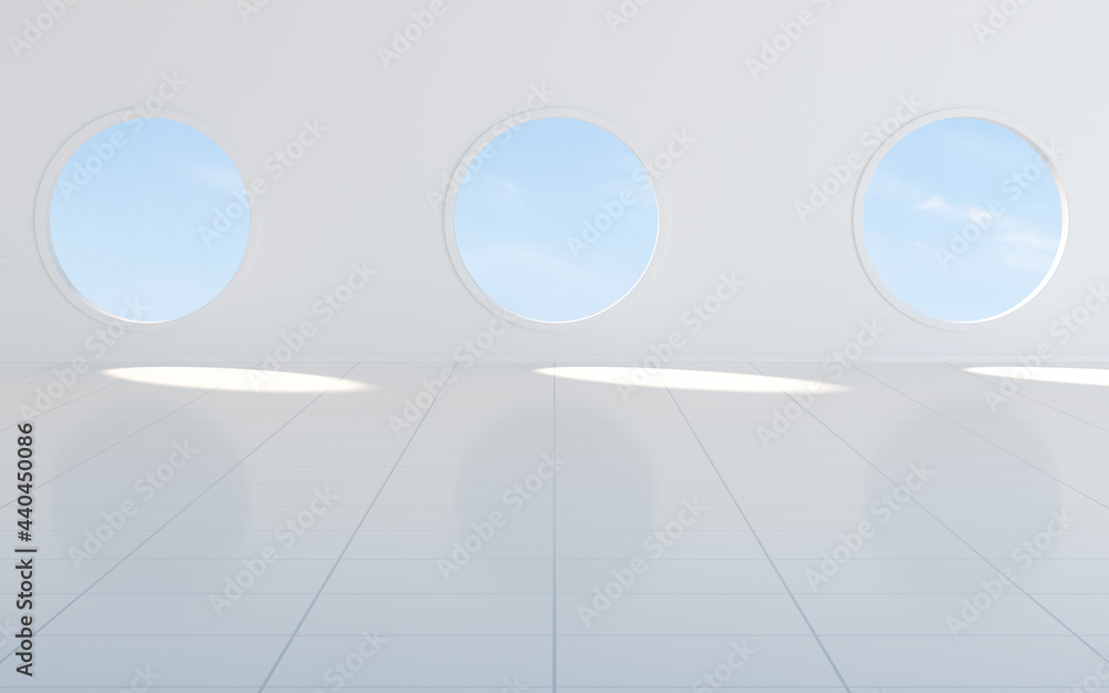 Poster empty white room with round window, 3d rendering.