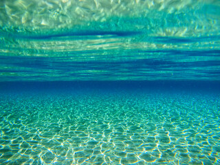 Fototapeta na wymiar Underwater view of the turquoise, crystal clear waters at Pori beach, in Koufonisi island, Cyclades islands, Greece, Europe. 